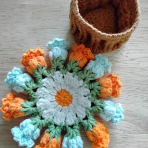 Handmade Crochet Floral Coaster With Colorful Tulip Daisy Design Accessory