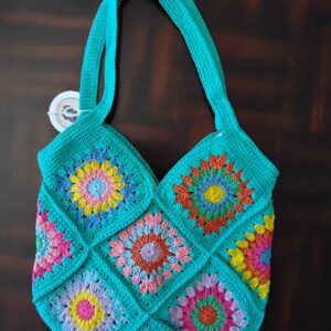Handmade Crochet Granny Square Tote Bag With Multicolor Floral Boho Design
