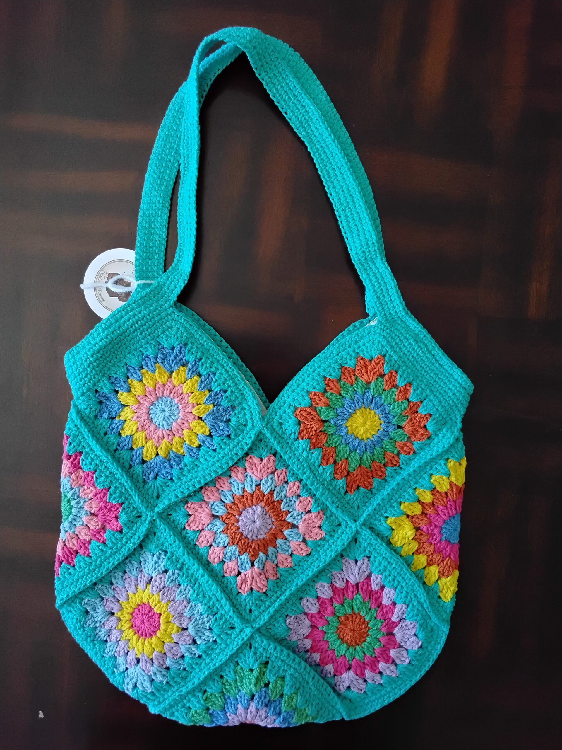 Handmade Crochet Granny Square Tote Bag With Multicolor Floral Boho Design
