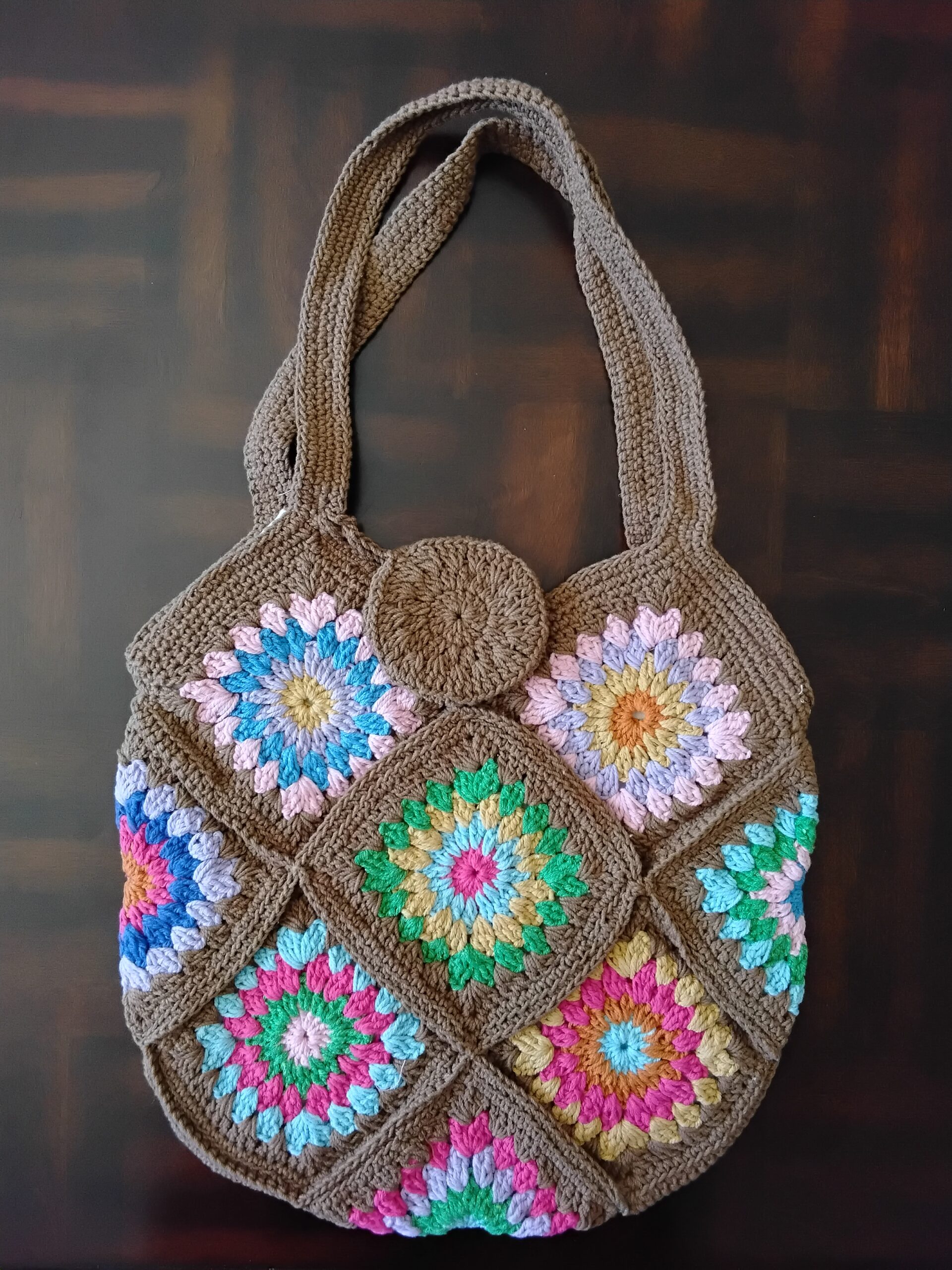 Handmade Crochet Granny Square Tote Bag With Floral Boho Patchwork Design