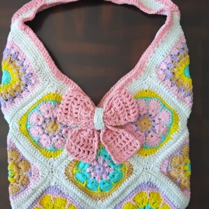 Handmade Crochet Granny Square Tote Bag With Pastel Boho Floral Design