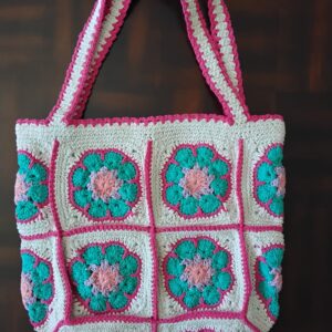 Handmade Crochet Granny Square Tote Bag With Multicolor Boho Floral Design