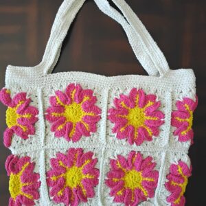 Handmade Crochet Floral Granny Square Tote Bag With Sunflower Boho Design