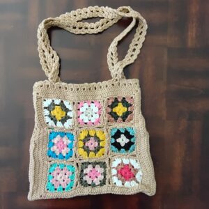 Handmade Crochet Granny Square Tote With Beige Boho Shoulder Bag Design