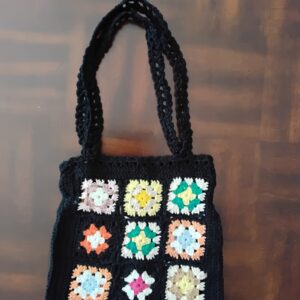 Handmade Crochet Granny Square Tote With Black Pastel Shoulder Bag Design