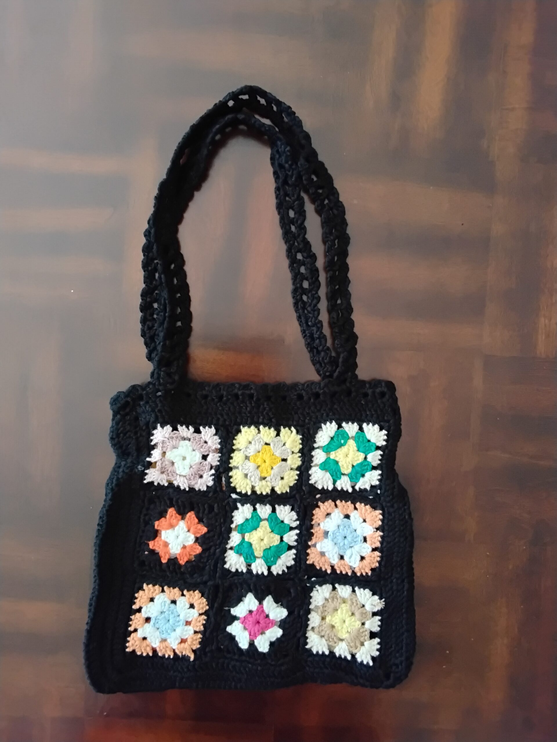 Handmade Crochet Granny Square Tote With Black Pastel Shoulder Bag Design