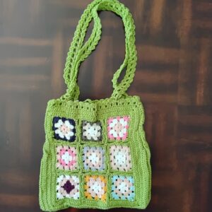Handmade Crochet Granny Square Tote With Green Boho Shoulder Bag Design