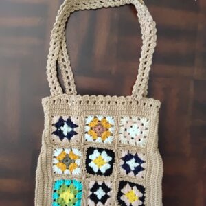 Handmade Crochet Granny Square Tote With Beige Multicolor Shoulder Bag Design