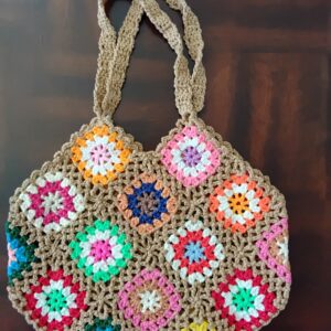 Handmade Crochet Floral Granny Square Tote With Beige Boho Shoulder Bag