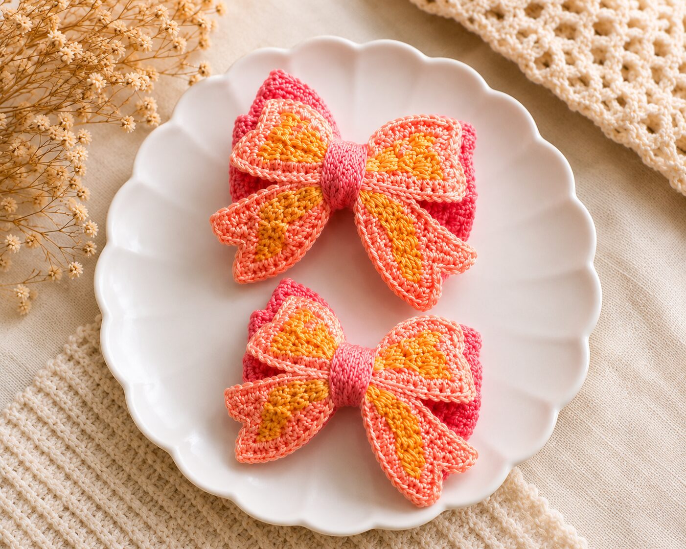 Handmade Crochet Bow Hair Clips Pink Orange Girls Hair Accessories - Image 2