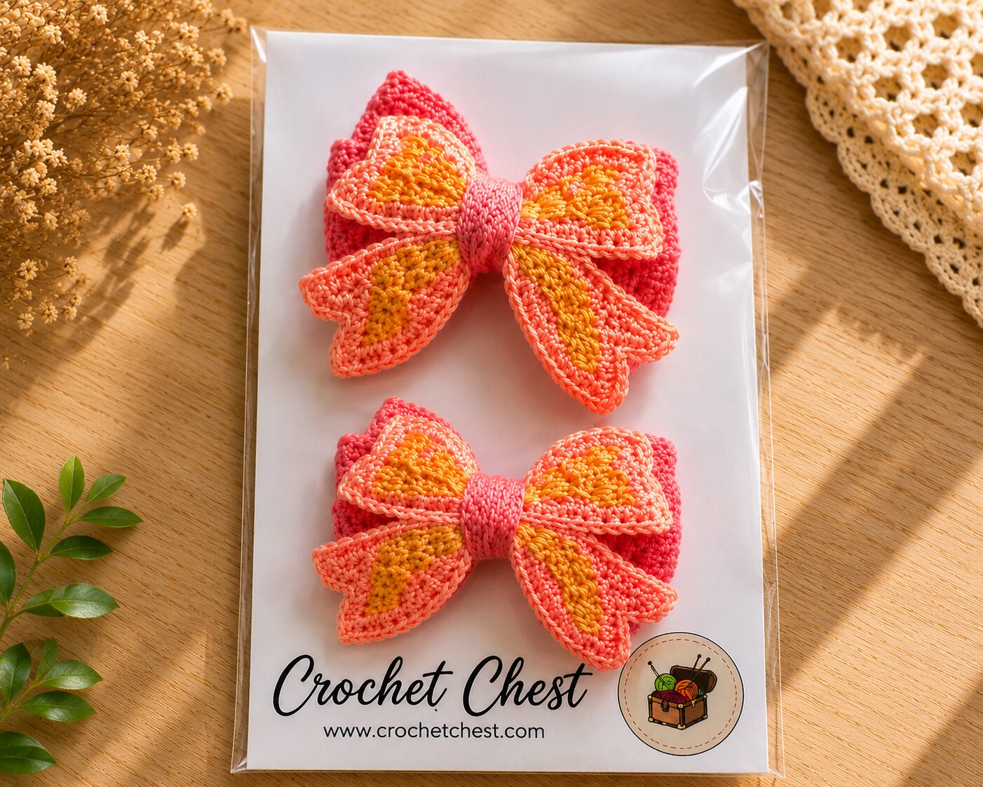 Handmade Crochet Bow Hair Clips Pink Orange Girls Hair Accessories