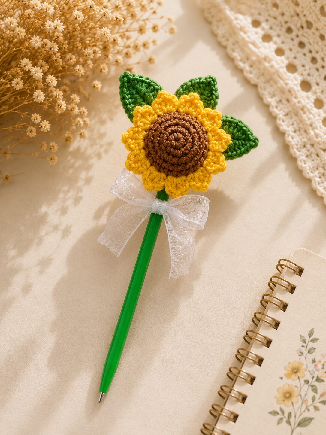 Handmade Crochet Sunflower Pen Floral Decorative Writing Gift Accessory