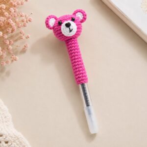 Handmade Crochet Pink Teddy Bear Pen Cute Writing Desk Accessory