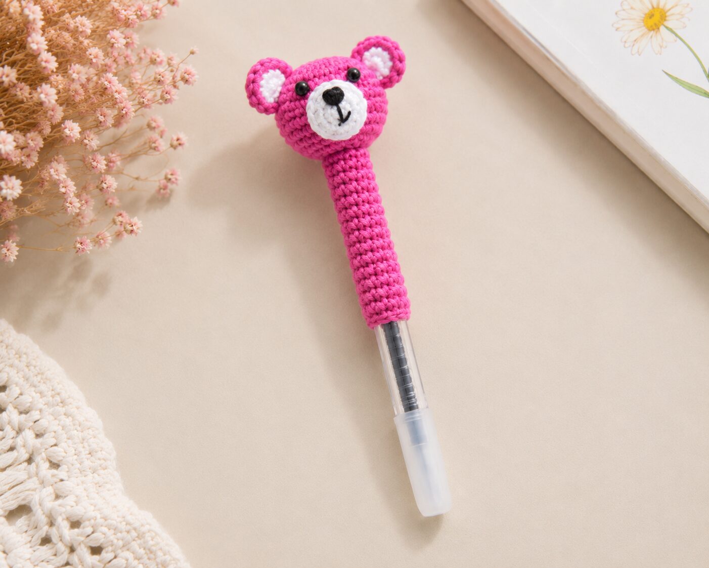 Handmade Crochet Pink Teddy Bear Pen Cute Writing Desk Accessory