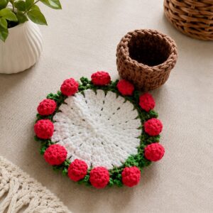 Handmade Crochet Floral Coaster With 3D Rose Border Design Accessory
