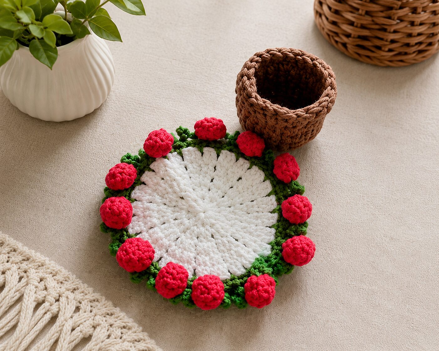 Handmade Crochet Floral Coaster With 3D Rose Border Design Accessory