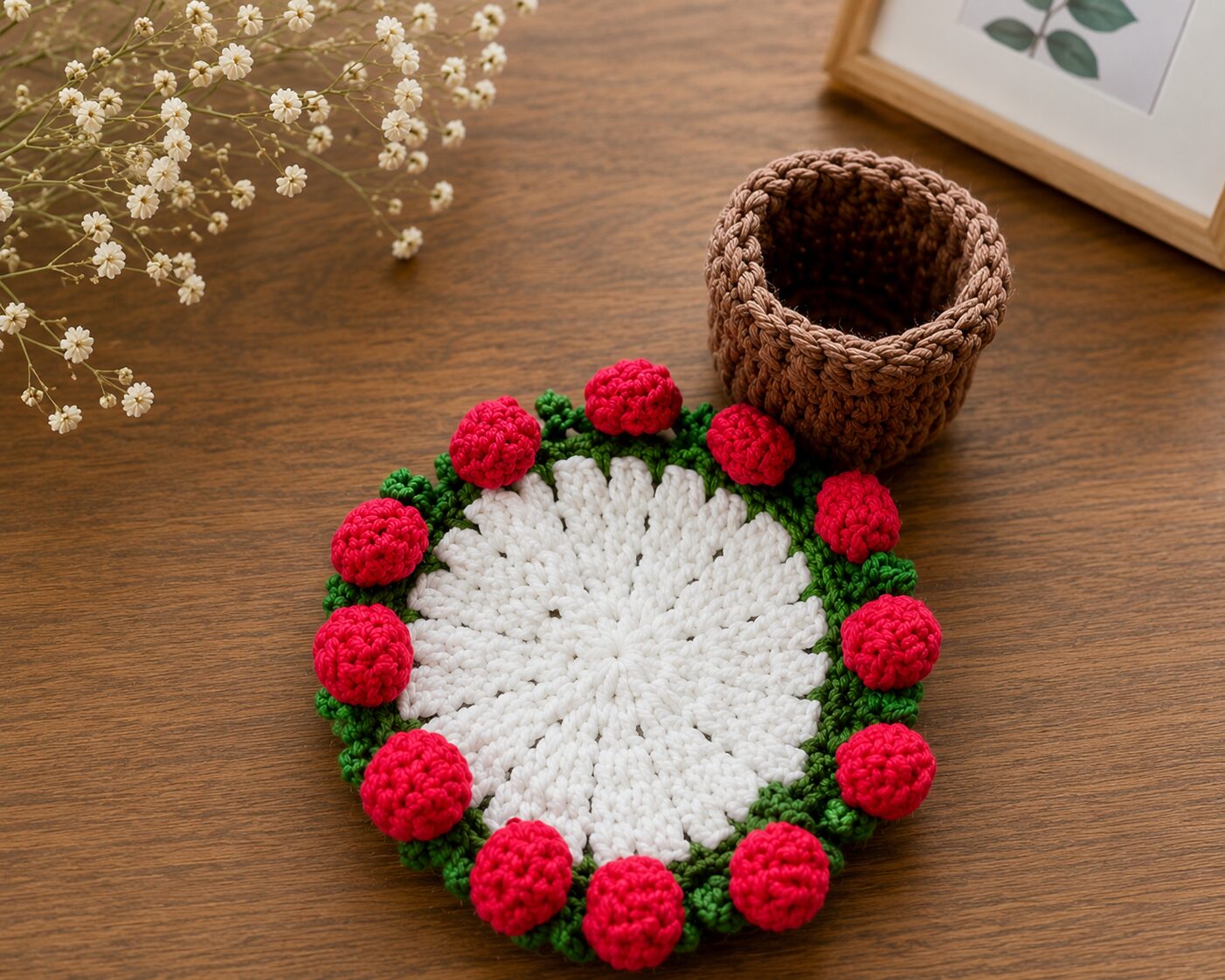 Handmade Crochet Floral Coaster With 3D Rose Border Design Accessory - Image 2