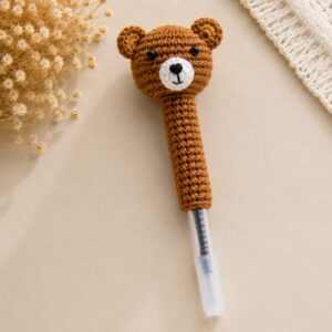 Handmade Crochet Teddy Bear Pen Cute Animal Writing Desk Accessory