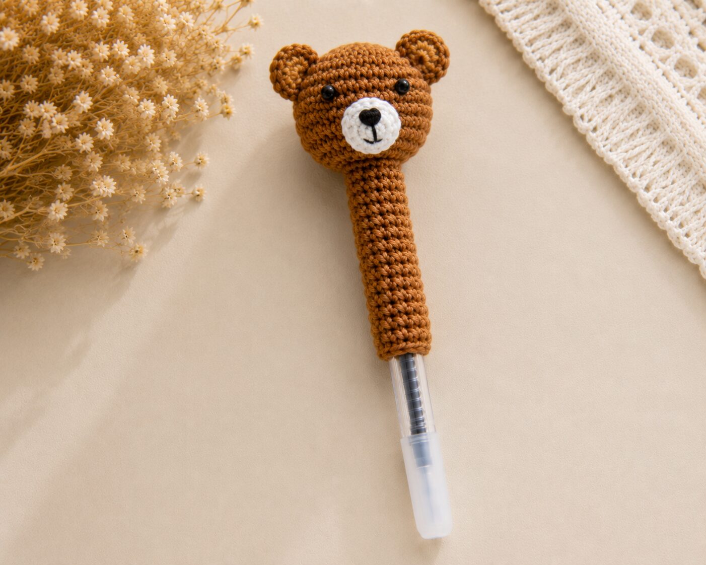 Handmade Crochet Teddy Bear Pen Cute Animal Writing Desk Accessory