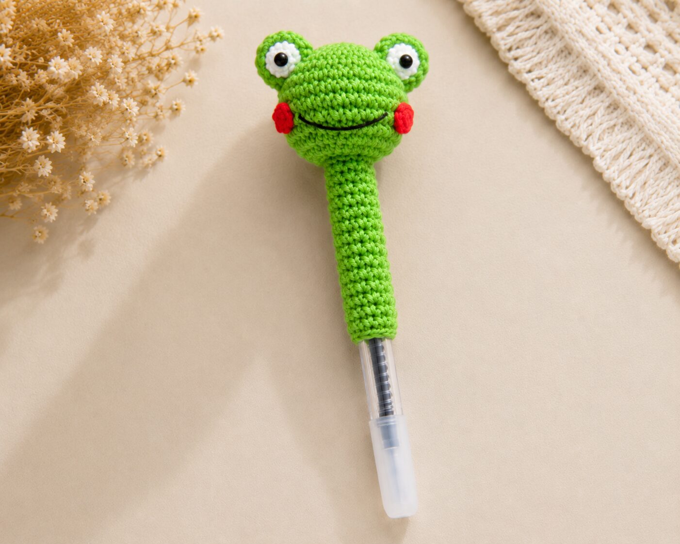 Handmade Crochet Frog Pen Cute Animal Writing Desk Accessory