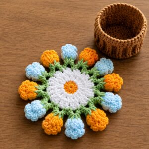 Handmade Crochet Floral Coaster With Colorful Tulip Daisy Design Accessory
