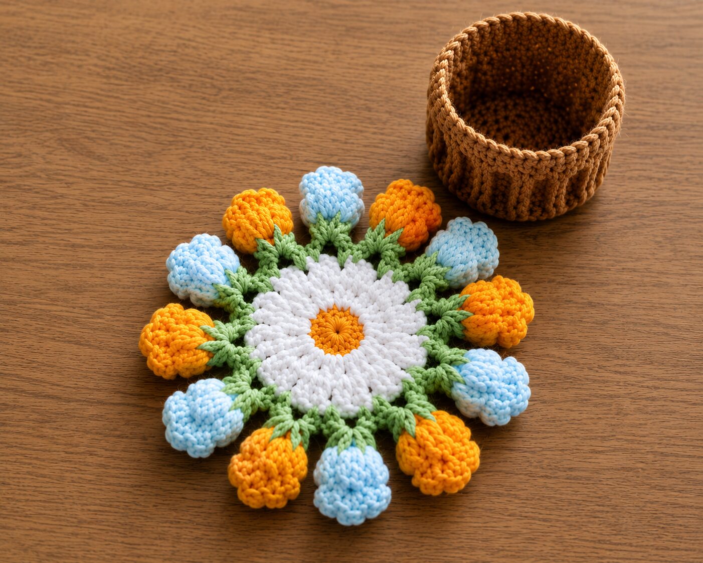 Handmade Crochet Floral Coaster With Colorful Tulip Daisy Design Accessory