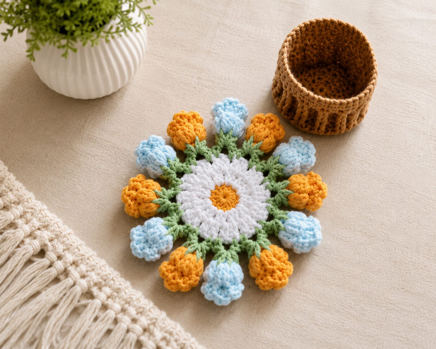 Handmade Crochet Floral Coaster With Colorful Tulip Daisy Design Accessory - Image 2