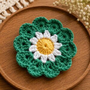 Handmade Crochet Daisy Coaster Green Floral Table Decor Drink Mat