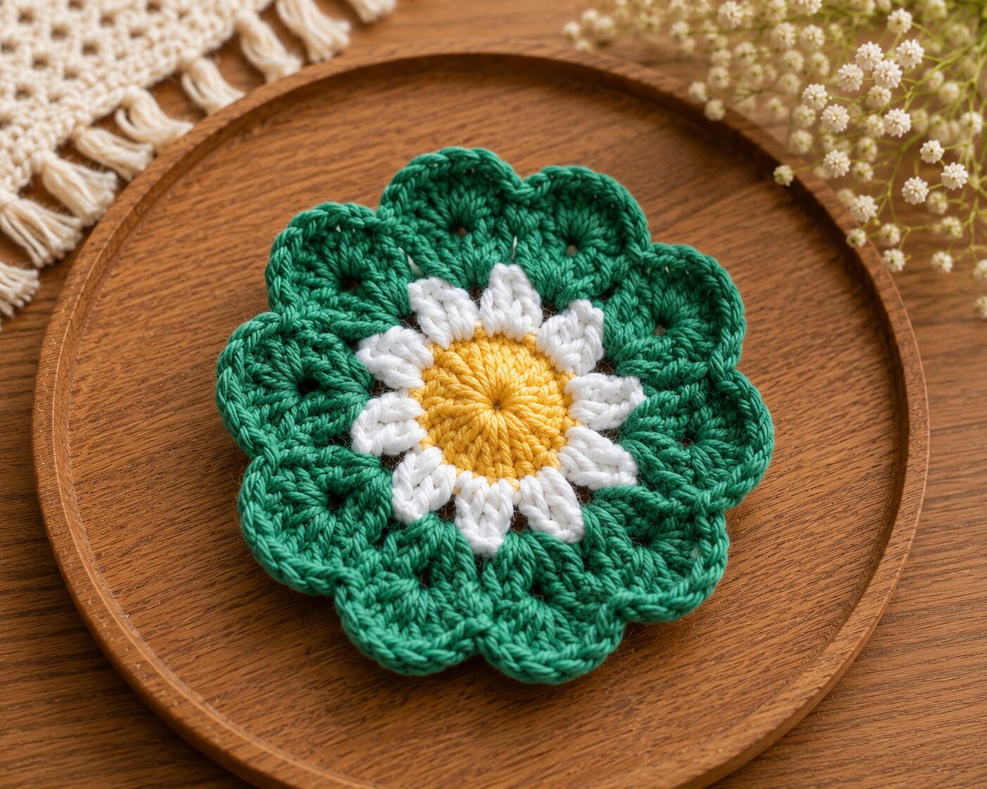 Handmade Crochet Daisy Coaster Green Floral Table Decor Drink Mat