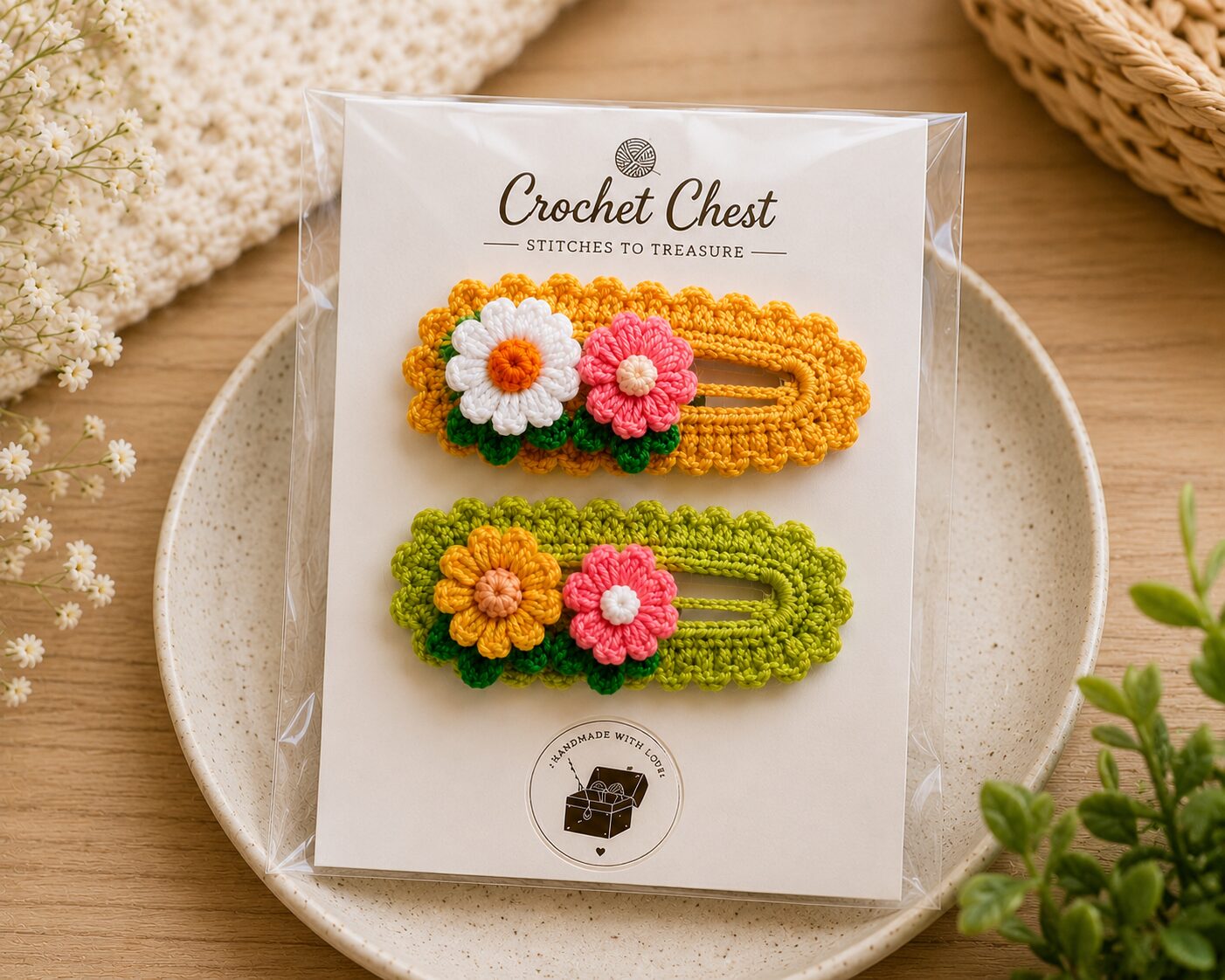Handmade Crochet Flower Hair Clips Floral Snap Barrettes Set - Image 2