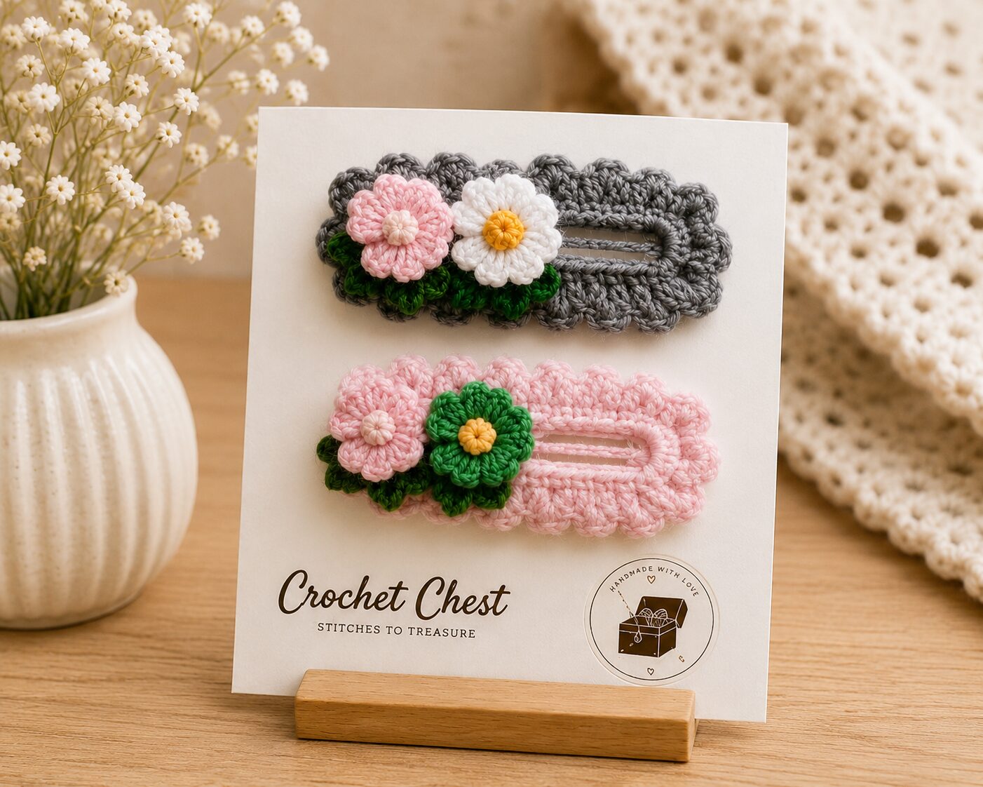 Handmade Crochet Floral Snap Hair Clips Decorative Barrette Set