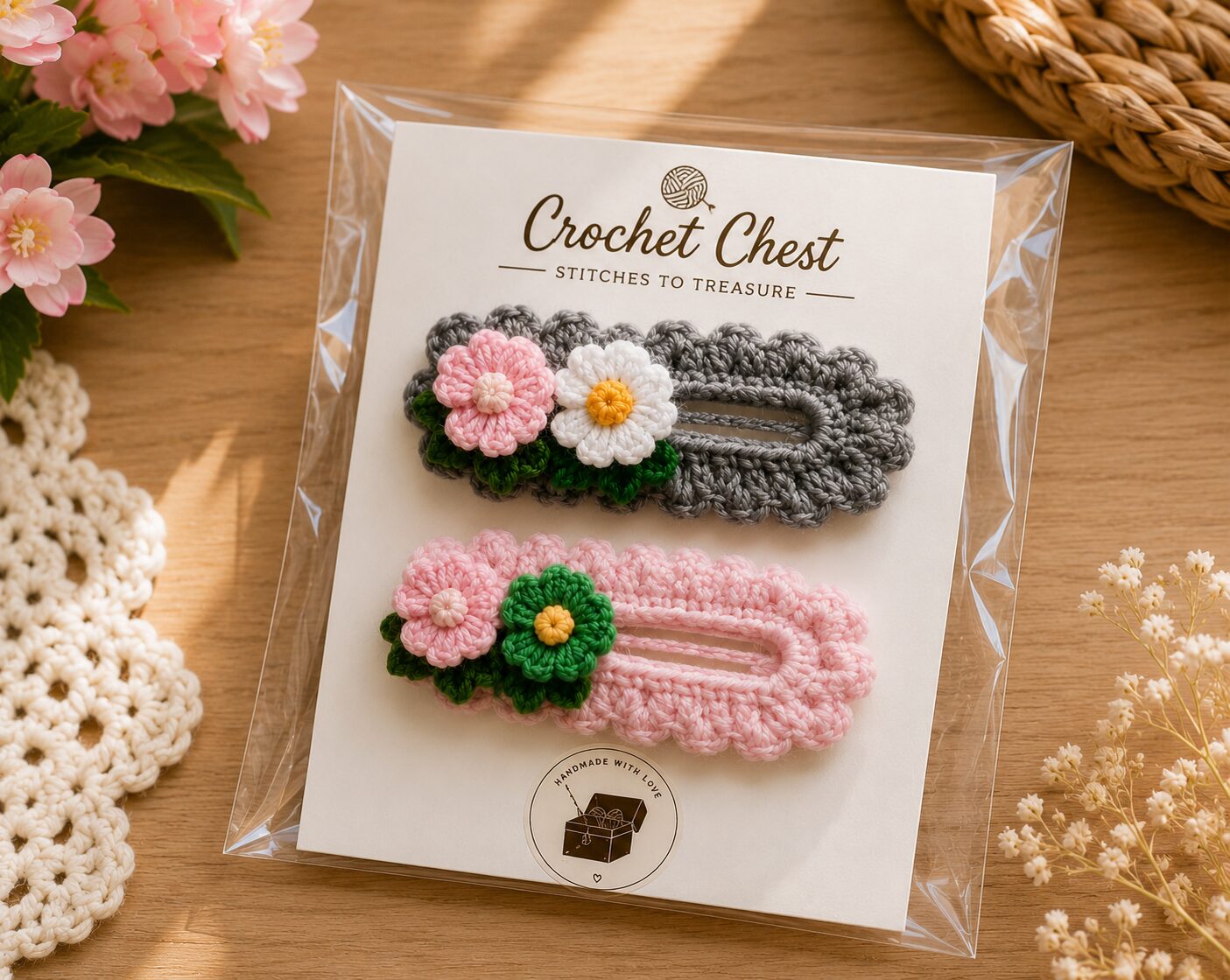 Handmade Crochet Floral Snap Hair Clips Decorative Barrette Set - Image 2