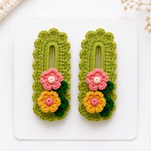 Handmade Crochet Floral Snap Hair Clips Green Decorative Barrette Set