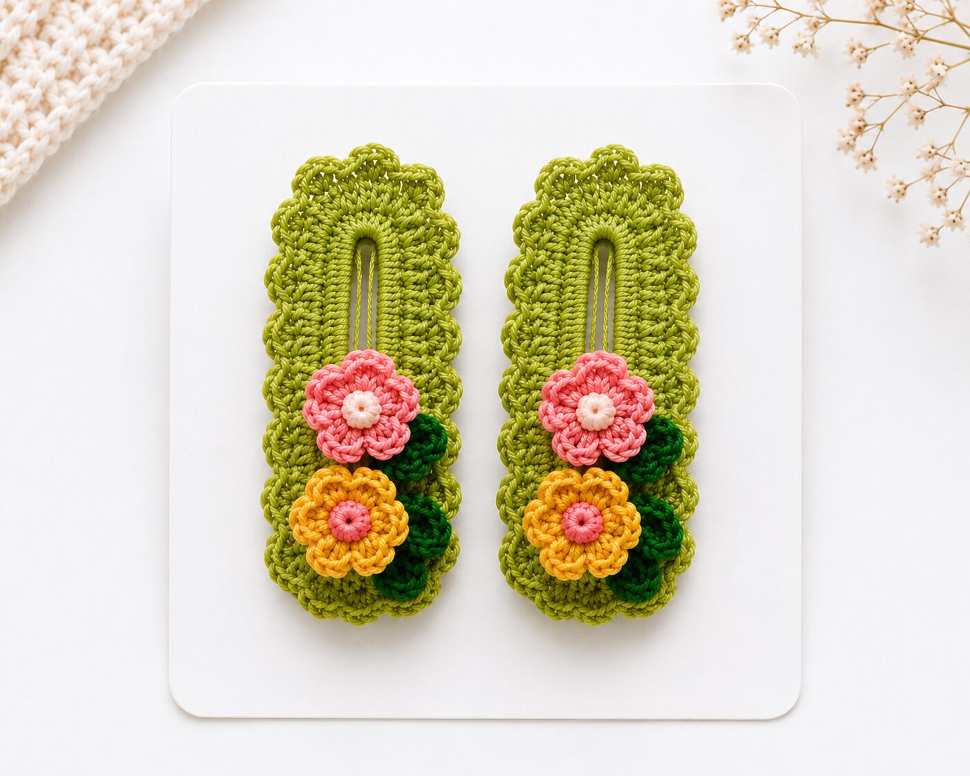 Handmade Crochet Floral Snap Hair Clips Green Decorative Barrette Set