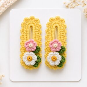 Handmade Crochet Floral Snap Hair Clips Yellow Decorative Barrette Set