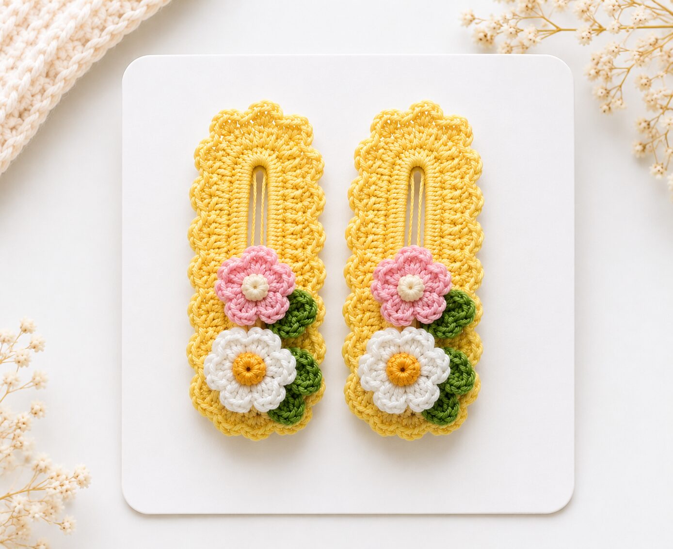 Handmade Crochet Floral Snap Hair Clips Yellow Decorative Barrette Set