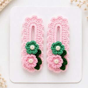 Handmade Crochet Floral Snap Hair Clips Pink Decorative Barrette Set