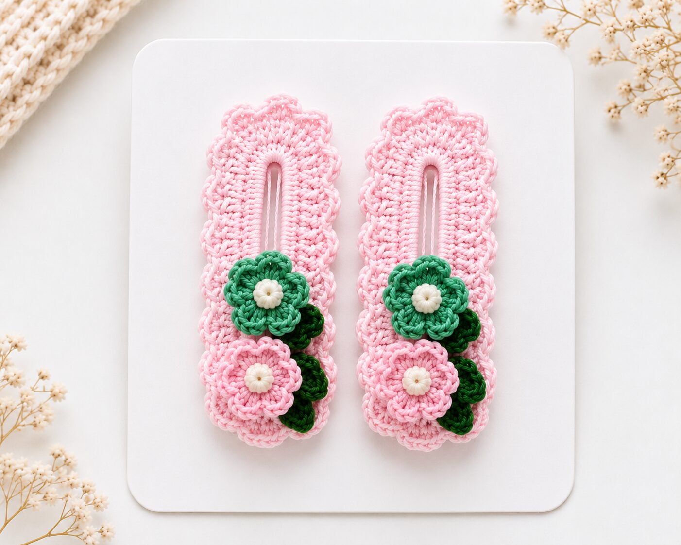 Handmade Crochet Floral Snap Hair Clips Pink Decorative Barrette Set