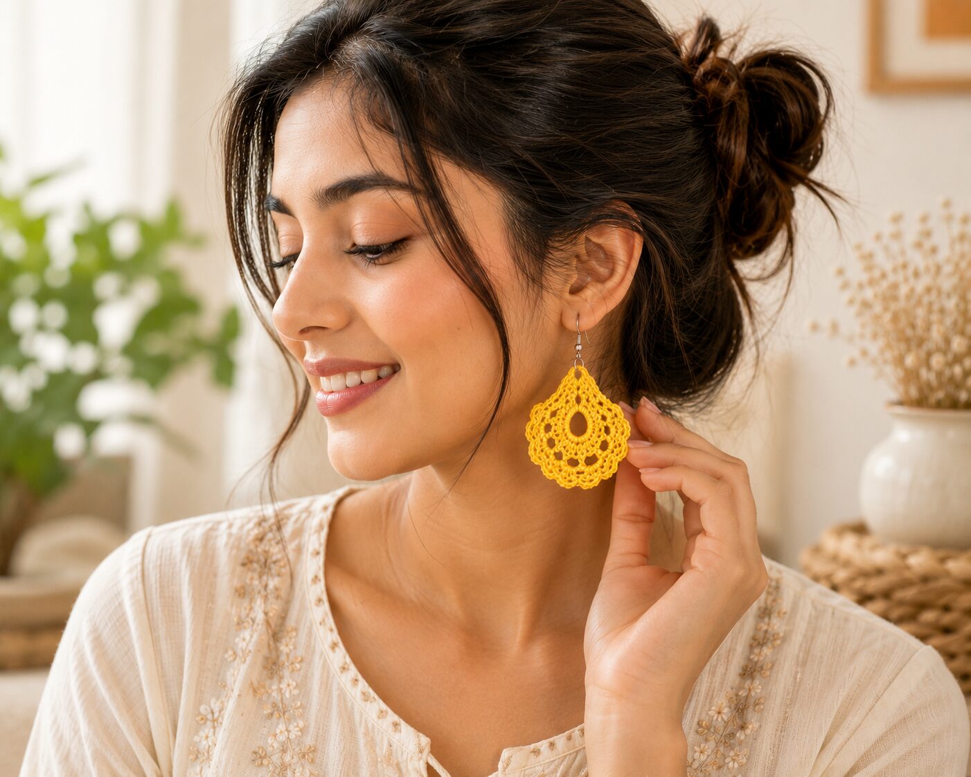 Handmade Yellow Crochet Lace Earrings Lightweight Boho Dangle Jewelry - Image 2