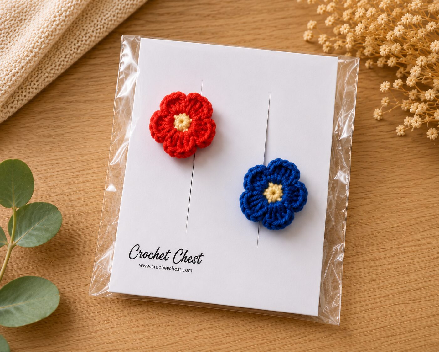 Handmade Crochet Flower Finger Rings Set Red Blue Floral Jewelry - Image 2