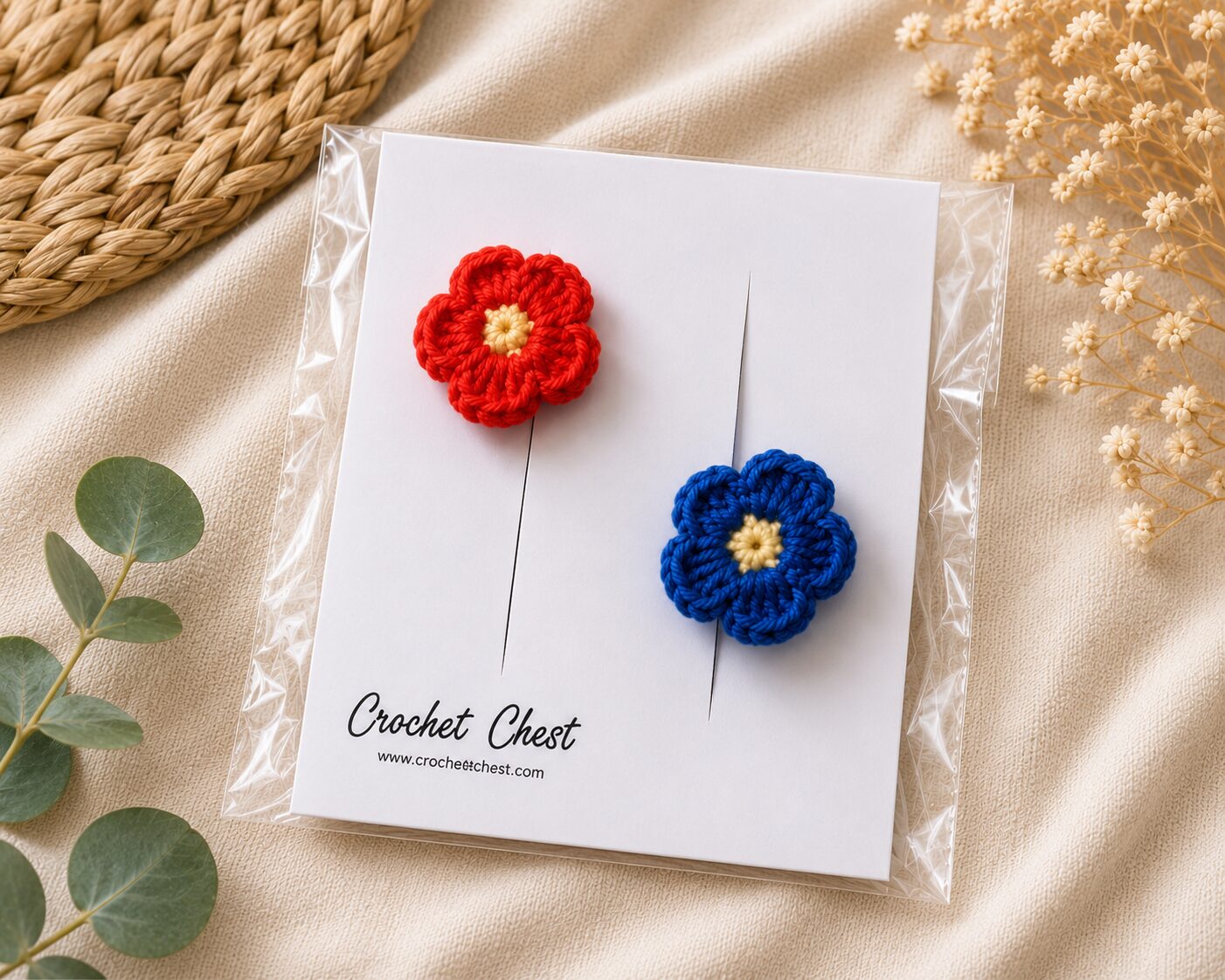 Handmade Crochet Flower Finger Rings Set Red Blue Floral Jewelry