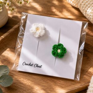 Handmade Crochet Flower Finger Ring Set White And Green Floral