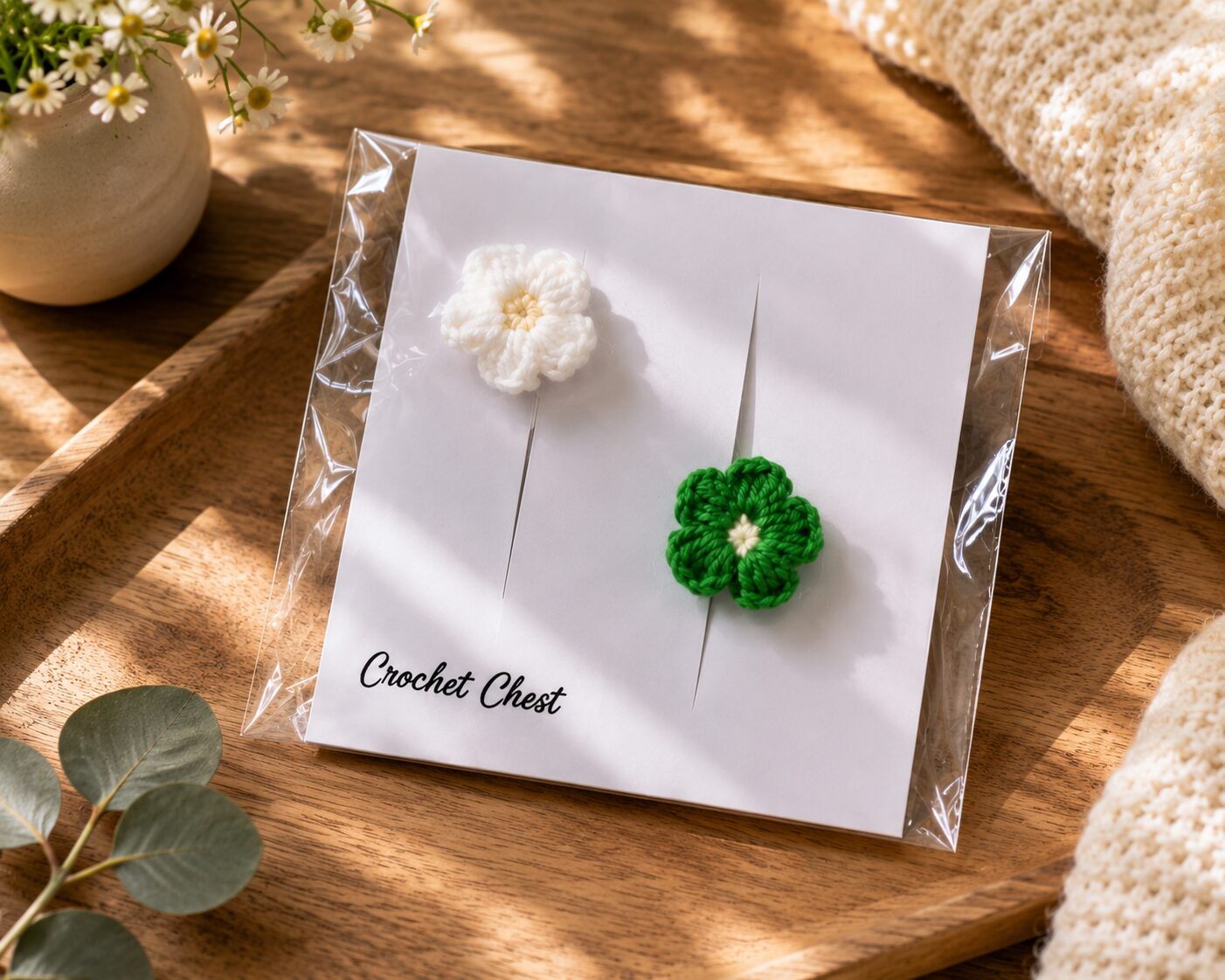 Handmade Crochet Flower Finger Ring Set White And Green Floral