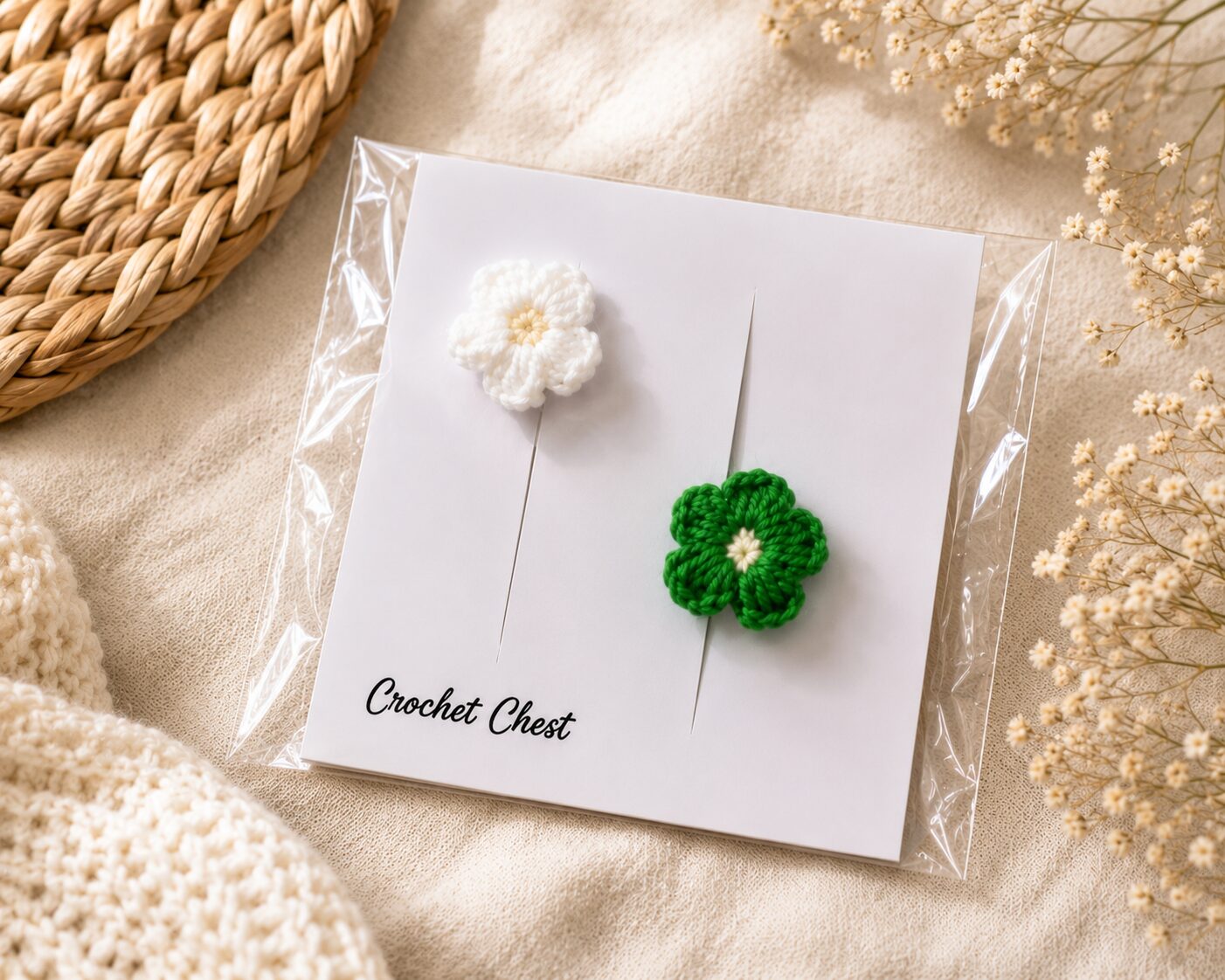 Handmade Crochet Flower Finger Ring Set White And Green Floral - Image 2