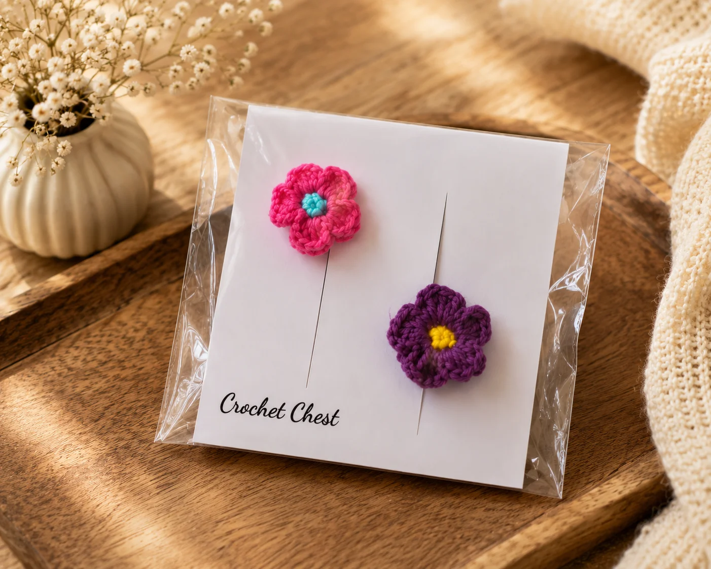 Handmade Crochet Flower Finger Ring Set Pink And Purple Floral