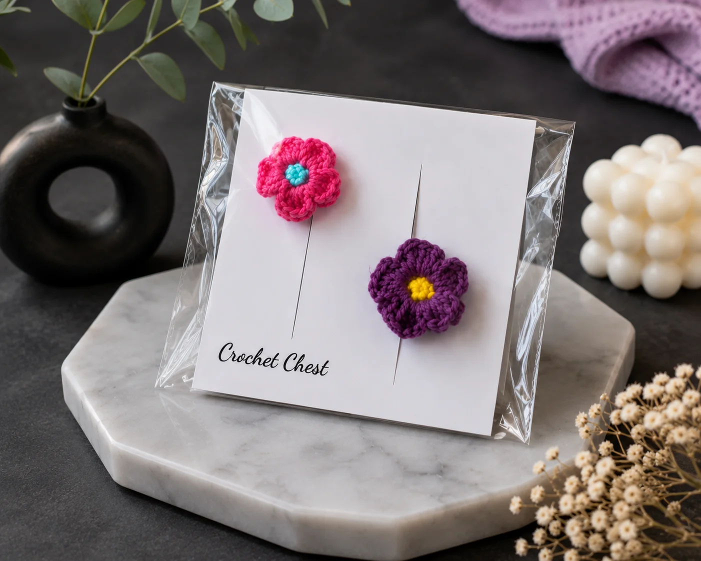 Handmade Crochet Flower Finger Ring Set Pink And Purple Floral - Image 2