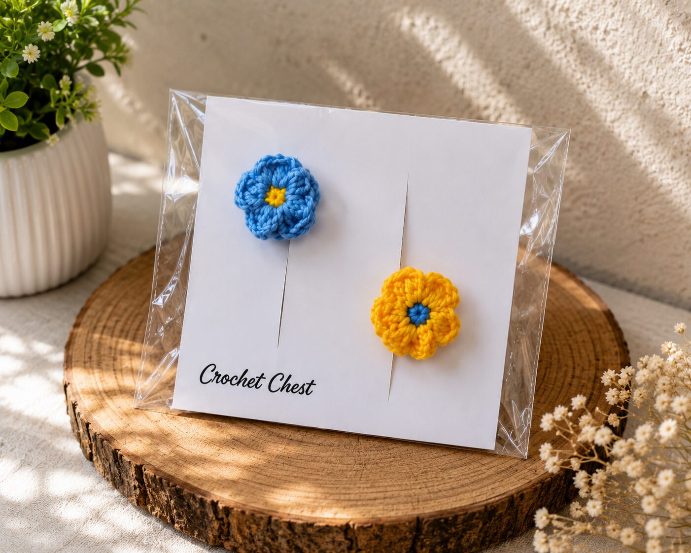 Handmade Crochet Flower Finger Ring Set Blue And Yellow Floral