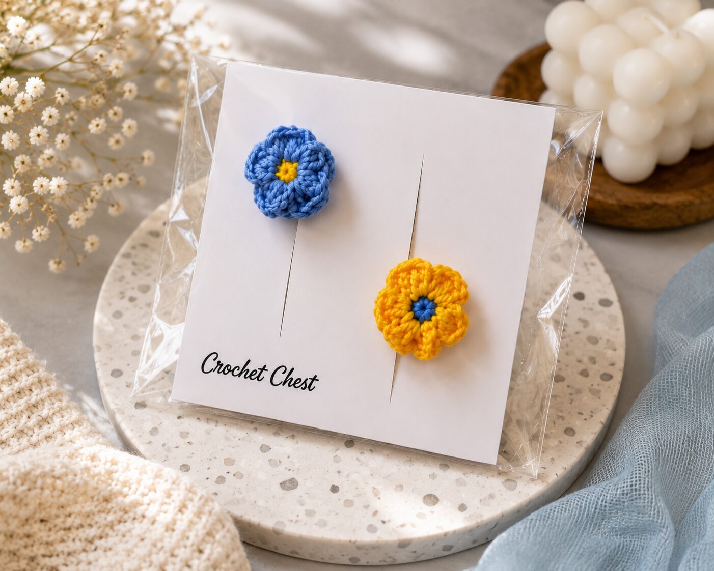 Handmade Crochet Flower Finger Ring Set Blue And Yellow Floral - Image 2