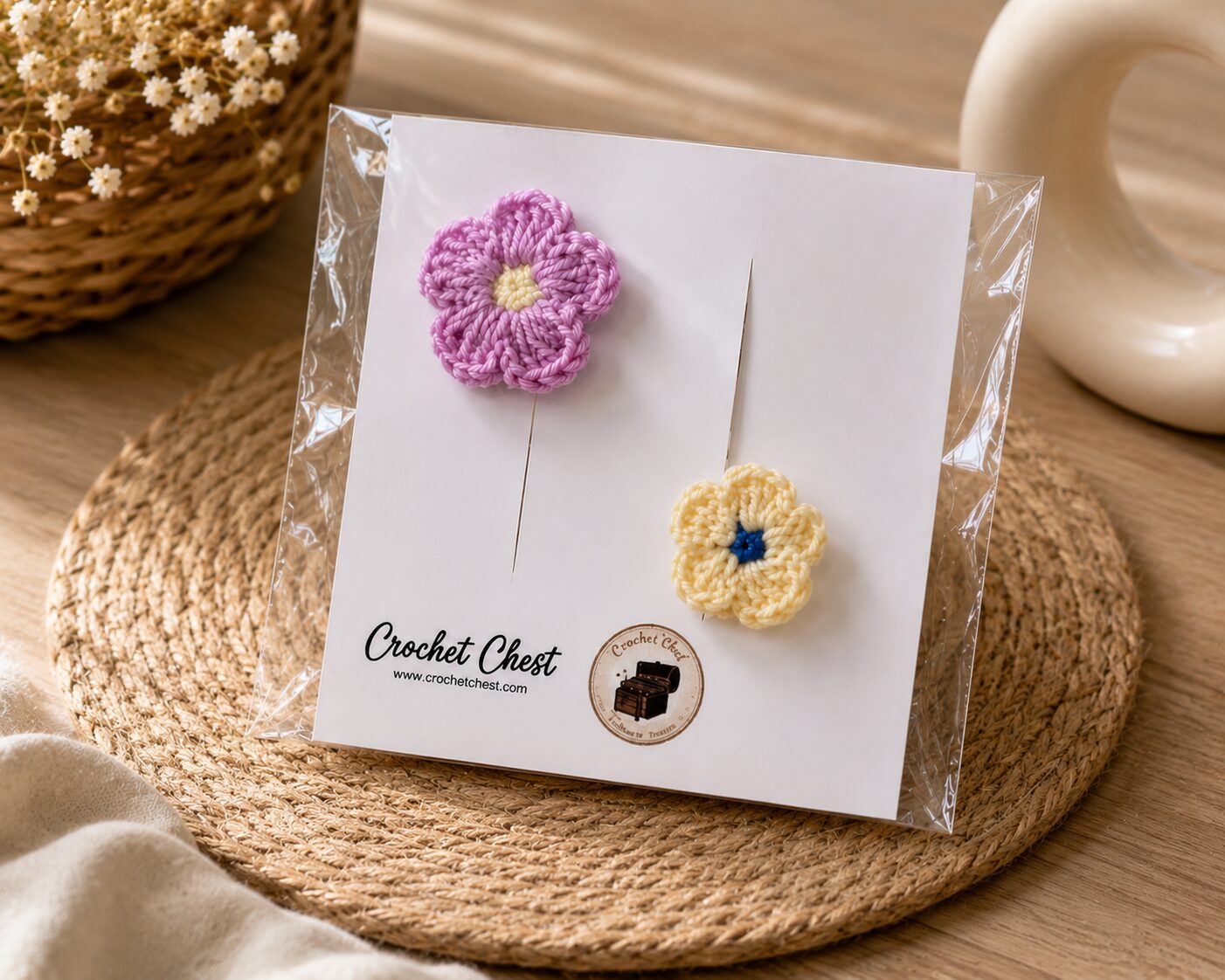 Handmade Crochet Flower Finger Ring Set Pink And Cream Floral - Image 2