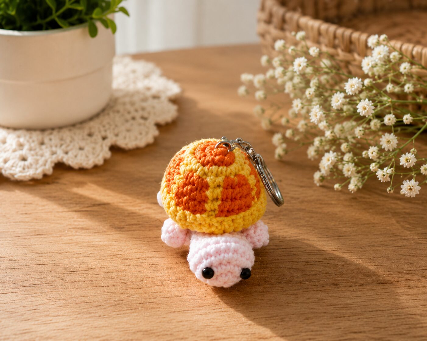 Handmade Yellow Orange Crochet Turtle Keychain With Cute Animal Bag Charm